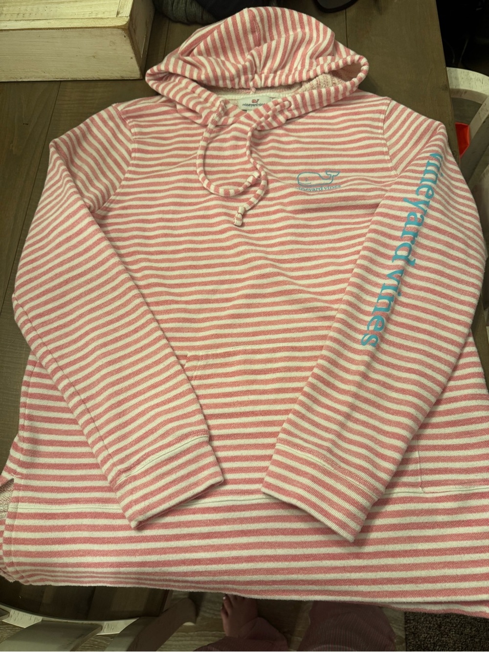Vineyard Vines Size Medium Pink White striped Terry Hoodie Sweatshirt